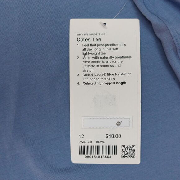 New Lululemon Size 12 Cates Tee Shirt Relaxed Fit Cropped Pima Cotton BLWL Blue - Picture 7 of 7